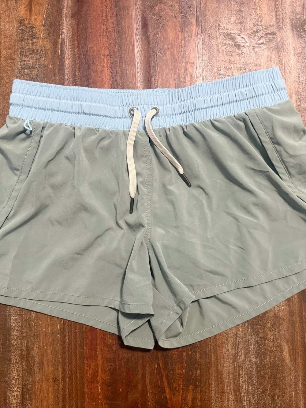 Women's Athletic Shorts with Light Blue Waistband and Sage Body